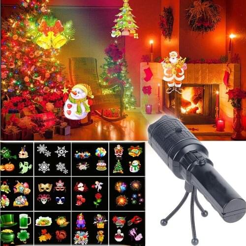 USB Rechargeable Christmas 2 in 1 Decoration Laser Light Handheld Flashlight with 12 Pattern for Halloween Christmas Birthday