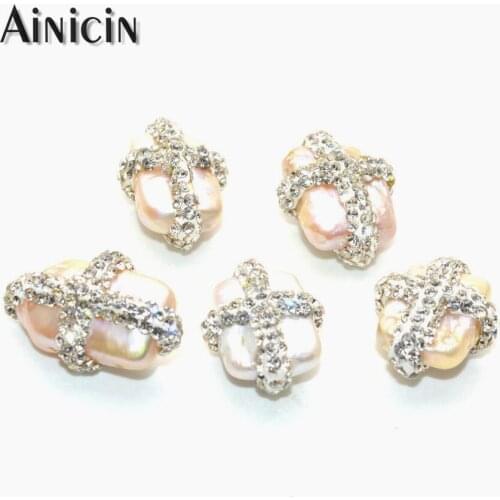 20pcs Cross Shape Rhinestone Crystal Clay Paved Natural Freshwater Pearl Loose Beads Horizontal & Vertical Holes