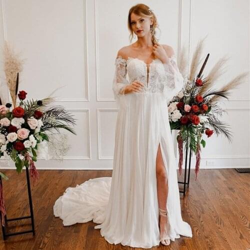 Bohemian Wedding Dresses Long Sleeve Lace Chiffon Off the Shoulder Sexy Split Bridal Gowns Vestido De Noiva Custom Size