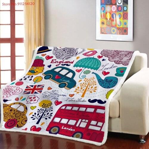 Sofa Couch Cover Cartoon Bus Print Sherpa Fleece Blanket London Car Kids Gift Blanket Travel Outdoor Office Blanket Bed Cover
