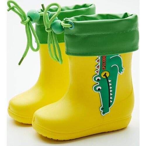 Kids Shoes Children Cartoon Shoes Waterproof Rain Boots Toddler Girl Rainboots Winter Plus Velvet Boots Non-slip Dinosaur
