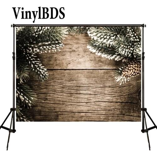 VinylBDS Christmas Backdrop Photography Pineal Leaf Snow Fondo Fotografico De Estudio Dark Wood Texture Floor Studio Backgrounds