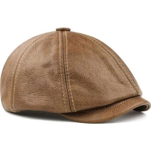 Leather Casquette Men Genuine Cowhide Peaked Hat Newsboy Forward Cap British Fitted Black/Khaki Octagonal Beret Top Quality