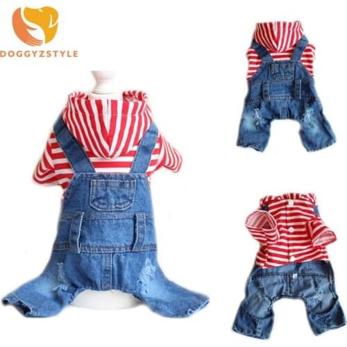 Denim Dog Jumpsuit Stripe Jeans Pet Puppy Cat Red Four Foot Dog Clothes Costume Dogs Overalls Size XS-XXL Chihuahua DOGGYZSTYLE