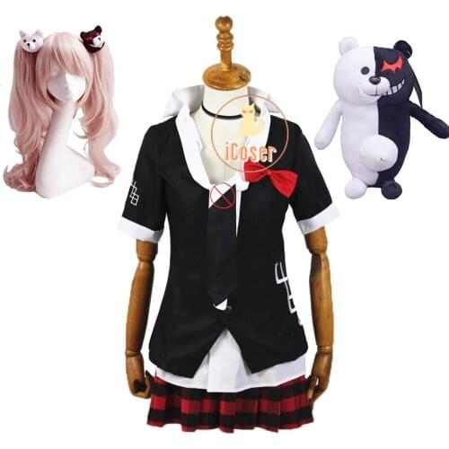 Dangan Ronpa Enoshima Junko Cosplay Costume Pink Long Wig with Bear Hairpins Danganronpa JK School Girl Skirt Set Shirt Bear Toy