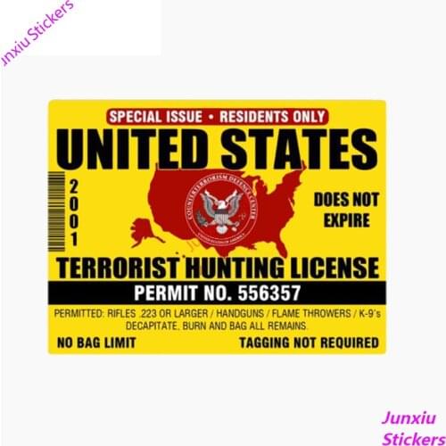 Personality USA Terrorist Hunting License Car Stickers Accessories Motorcycle Cover Scratches Waterproof PVC 16cm*12cm