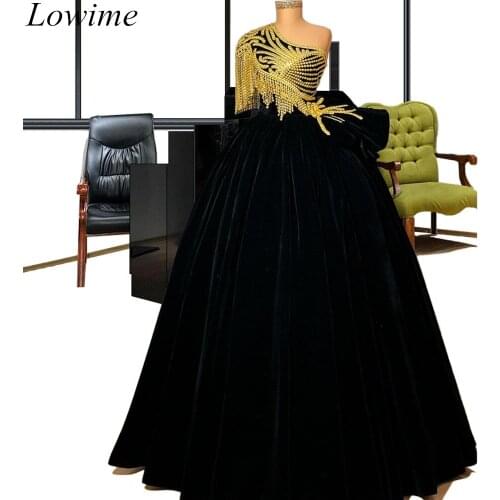 New Special Middle East Black Celebrity Dresses 2019 Long One Shoulder Gold Pearls Dubai Evening Dress Kftan Prom Party Gowns