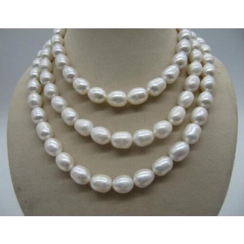 Very beautiful Natural 49inch 9-10 South Sea White Pearl Necklace yellow clasp