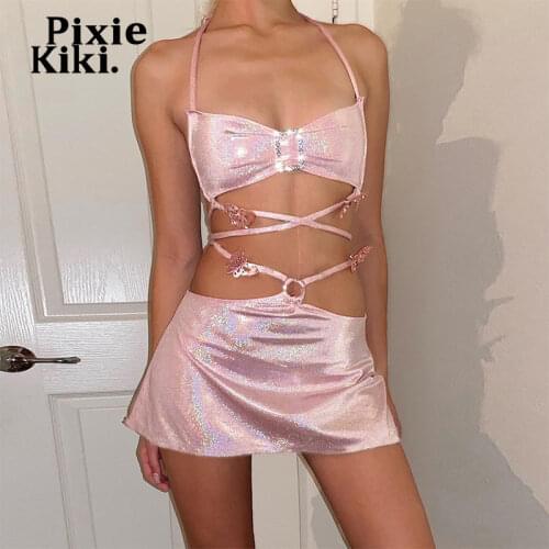 PixieKiki 2021 Glitter Pink Two Piece Set Fairy Grunge Crop Top Mini Skirt Summer Clothes Sexy Club Rave Festival Outfit P82CA11