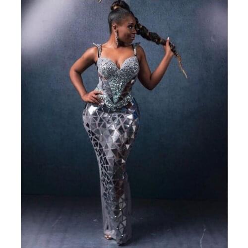 3 Colors Bright Sequins Mirrors Dress Women Evening Birthday Dresses Rhinestone Costume Prom Celebrate Grey Bling Dresses