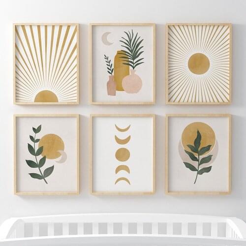Boho Abstract Landscape Nordic Posters and Prints Yellow Gallery Wall Art Canvas Painting Sun Plant Leaf Line Art Pictures Decor