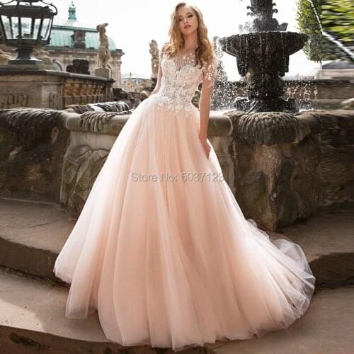 PInk Tulle A Line Wedding Dresses Half Sleeves Lace Appliques Vestido De Noiva Robe De Mariee Button Illusion Sweep Train