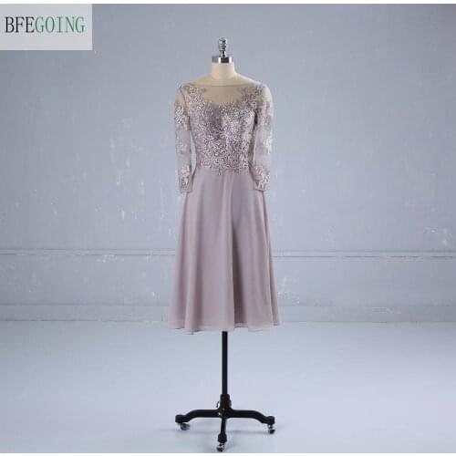 Chiffon Lace Long Sleeves Knee-Length Wedding Party A-Line Mother Of The Bride Dresses Custom Made