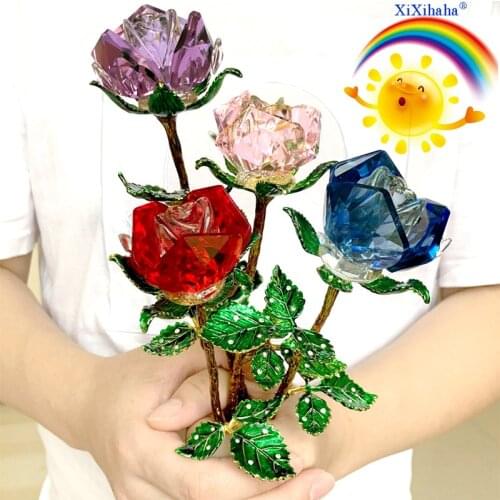 5 Colors Crystal Rose Flower Figurines Glass Paperweight Craft Wedding Valentines Day Gifts Home Table Decor Ornaments Boxed