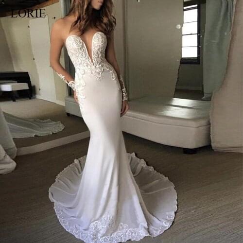 LORIE 2019 Mermaid Wedding Dresses Stain and Lace Appliques High quality Bride dress Sexy Open Back White Ivory vestido de noiva