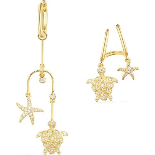 SOELLE Luxury 925 Sterling Silver Gold Color Asymmetric Starfish & Sea Turtle AB Earrings AAA Micro Cubic Zirconia Women Jewelry