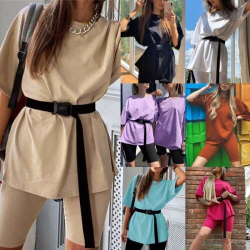 Womens 2 Piece Sets Casual Home Loose T-shirt+Elastic Tight Sports Pants Suit Waistband Two Piece Set Top and Pants with Belt