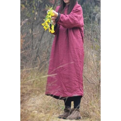 Women Autumn Winter Padded Long Tops Dresses Female Vintage Ramie Cotton Padded Robe Dress Female Solid Color Dresses 2020