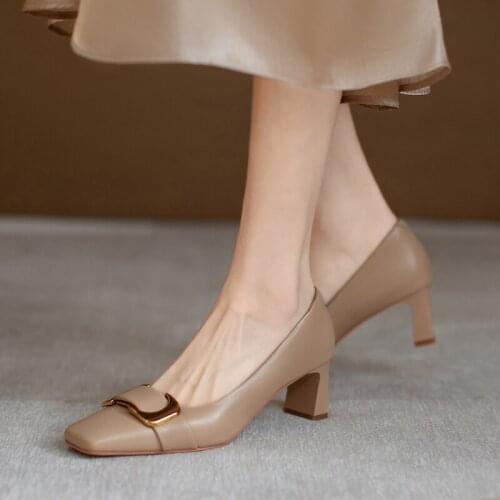 Women Shoes Natural Leather pumps 22-25cm Popular in Europe and America Square head thick heel metal decoration heels women
