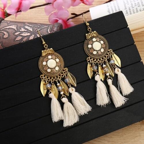 Womens Vintage Boho White Tassel Drop Earrings Indian Jhumka Gypsy Jewelry Ethnic Flower Leaf Alloy Earring