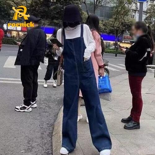 ROENICK Women Korean Fashion Straight Denim Jumpsuits 2021 Spring Fall New Casual Loose Wide-Leg Trousers All-Match Overalls