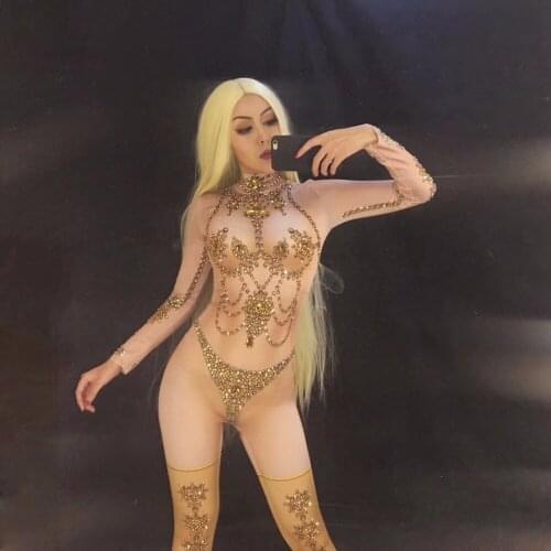 Gold Sparkling Crystals Women Sexy Jumpsuit Dj Ds Nightclub Party Dancer Singer Bodysuit Performance Stage Wear Costome Outfit