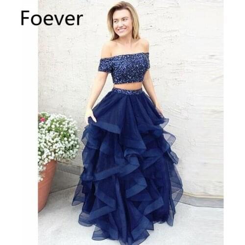 Navy Blue 2019 Two Pieces Gown A-Line Evening Dresses Organza Ruffles Beaded Prom Dresses Long Formal Evening Dress for women