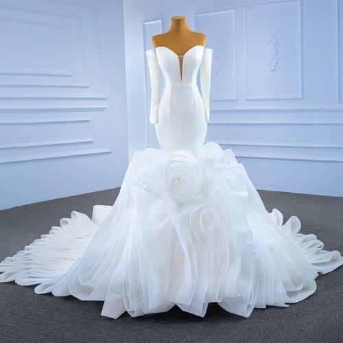 Mermaid White Simple Bridal Wedding Dress Transparent Lace V-neck Long Sleeve Backless Frill Fishtail Dresses 67269