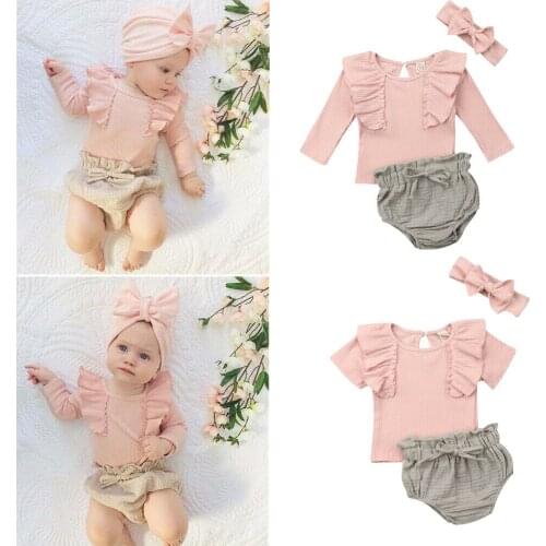 2019 Lovely Baby Girl Clothes Infant Long Sleeve Ruffle Tops T-Shirt Shorts Briefs Headband 3PCS Outfits Clothes Summer Sets