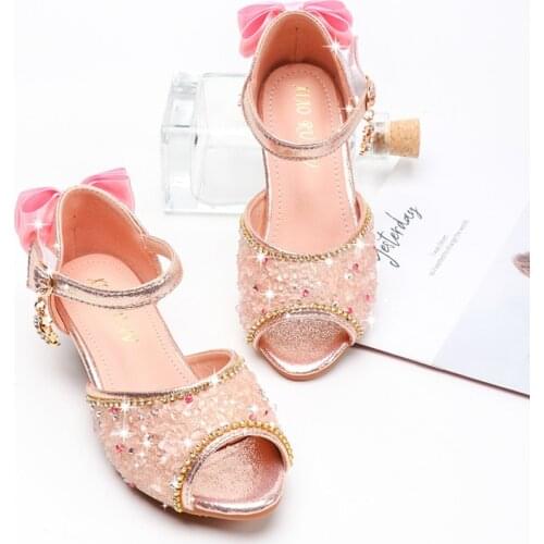 Rhinestone Big Kids Shoes High Heels Little Girls Summer Sandals Princess For Children Shoes Wedding 3 4 5 6 7 8 9 10 11 12 Year