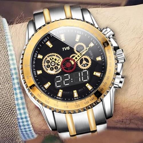 TVG Luxury Gold Men Watches Men Sports Watches Stainless Steel Dual Display Quartz Wristwatches Mens Watches 2019 horloge man