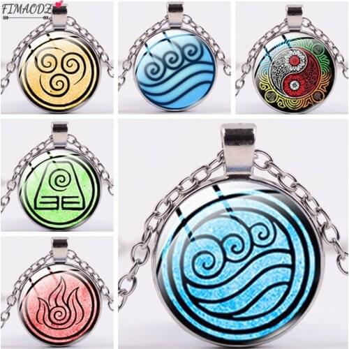 FIMAODZ Avatar The Last Airbender Necklace 4 Styles Air Nomad Fire and Water Tribe Glass Cabochon Pendant Chain for Men Women