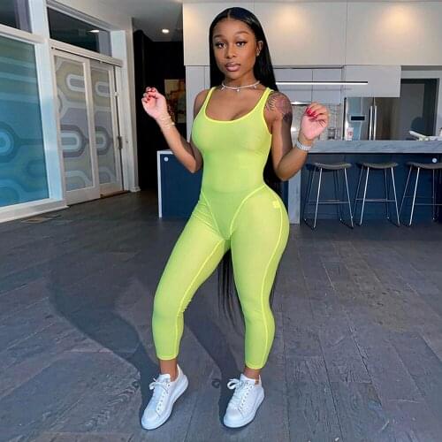 Fluorescence Green Sport Rompers Womens Jumpsuit Summer Low Neck Sleeveless Workout Bodysuit Active Wear Running Skinny Outfits