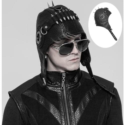 PUNKRAVE Mes Punk Rivet Pilot Cap Street Rock Bullet Head Decoration Black Pu Leather Hats