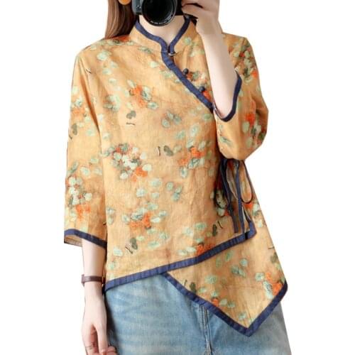 Chinese Women Traditional Shirt Cotton Tops Retro Folk Tea Clothing Flower Chinese Style Female Print Daily Chiffon Blouses Z57