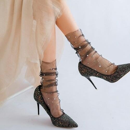 Fashion Star Moon Tulle Socks Women Transparent Thin Long Socks Female Dress Lace Funny Socks Dress Sock Streetwear calcetines