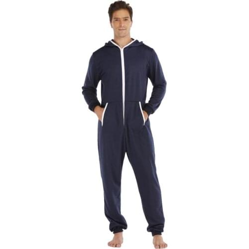 Men Pajama Set Adult Onesies Sleepwear Pockets Hooded Long Sleeve Zip Up One Piece Pajamas Autumn Winter Sleepwear