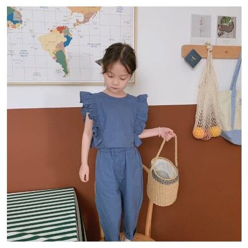 2021 New Summer Girls' Suit Cotton And Femp Flying Sleeve Open Back Top With Ninth Pants