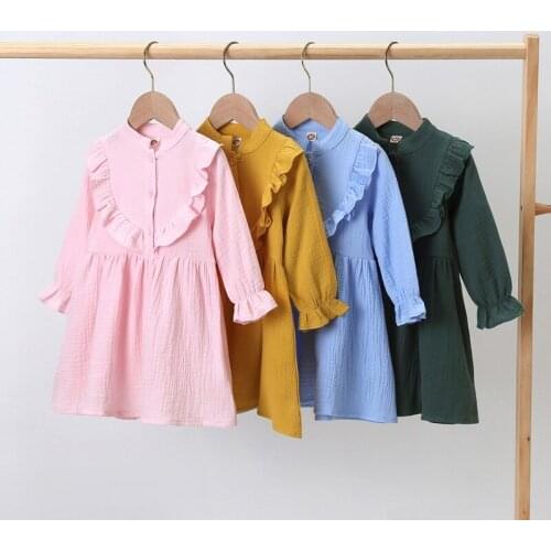 New Kids Dresses for Girl Sweet Solid Ruffles Long Lantern Sleeve Princess Girl Dress Birthday Party Toddler Clothes Fall 1-6Y