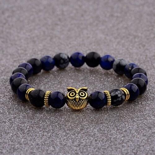 New 8mm Lapis Lazuli Gold&Silver Color Owl Beads Bracelets Women Handmade Energy Black Lava Men Bracelets & Bangles AB505