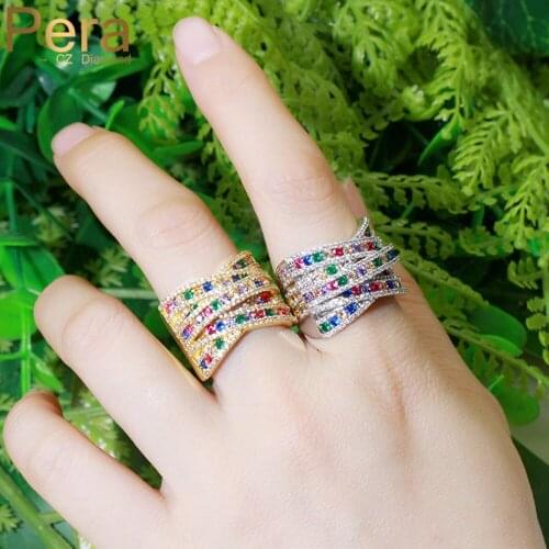 Pera Luxury Adjustable Size Colorful Cubic Zirconia Pave Yellow Gold Big Cross Round Engagement Party Finger Ring for Women R157