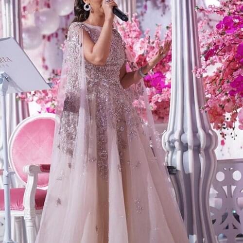 Saudi Arabic Blush Pink Beaded Lace Evening Dresses With Cloak Luxury A-line Modest Long Prom Gowns Formal Party Dress Vestidos