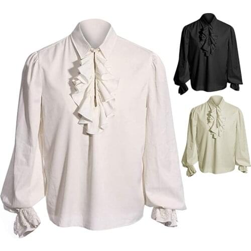 Medieval Renaissance Lacing Up Shirt Bandage Tops For Adut Men Larp Vintage Costume Fluffy Long Sleeve For Male pants