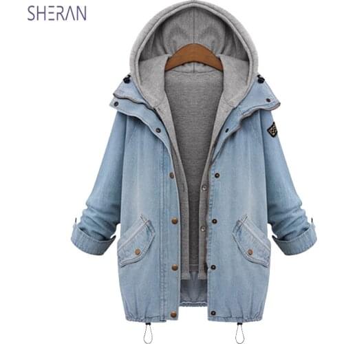 SHERAN Hooded Drawstring Boyfriend Trends Autumn Women Pockets 2 Piece Coat 2018 Blue Long Sleeve Single Breasted Denim Jackets