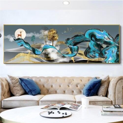 Modern Tree Landscape Wall Decor Canvas Painting Art Print Golden Deer Flying Bird Poster for Scandinavian Room Home Decoration