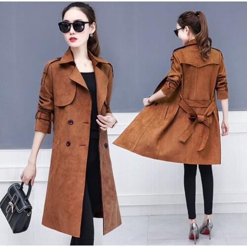 Spring Autumn Women Long Trench Coat New Fashion Suede Jackets Slim Large Size High-quality Windbreaker Female Casual Tops J375