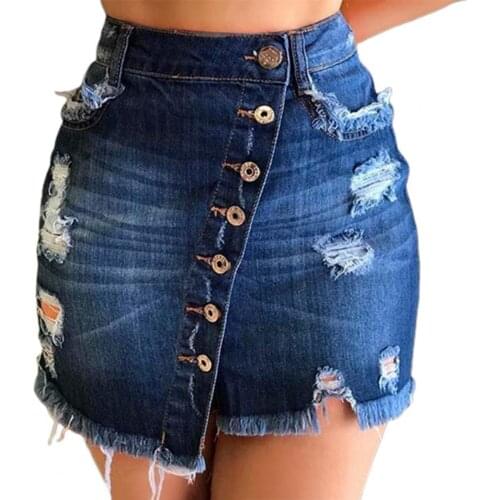 Summer Women Skirt Ripped Holes Denim High Waist Multi Breasted Irregular Tassel Casual Skirts Office