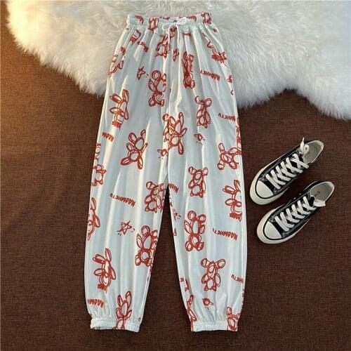 Womens Pants High Waist Graffiti Bear Pattern Girly Style Super Korean Style LaceUp Sweatpants Cute Joggers High-quality Casual