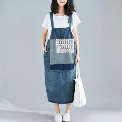 Women Midi Long Denim Dresses Loose Fit Spliced Lace Spaghetti Strap Sleeveless Dress Vintage Blue High Quality Party Jean Dress