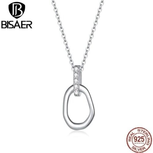 Bisaer Necklace 100% 925 Sterling Silver Dazzling Geometric Pendant Choker Necklace For Women Fine Jewelry Gift ECN440